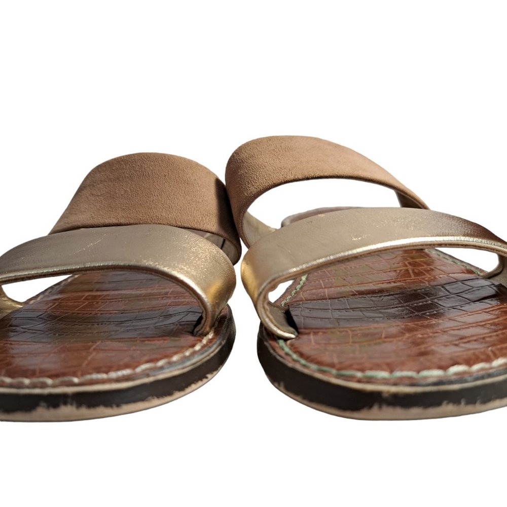 Sam Edelman Tan & Gold Faux Leather Double Strap Slip On Sandals Size 6.5 - Picture 4 of 10